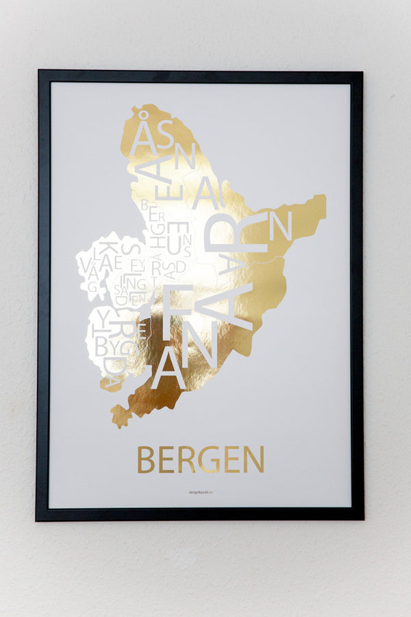 Plakat med håndtegnet kart av Bergen