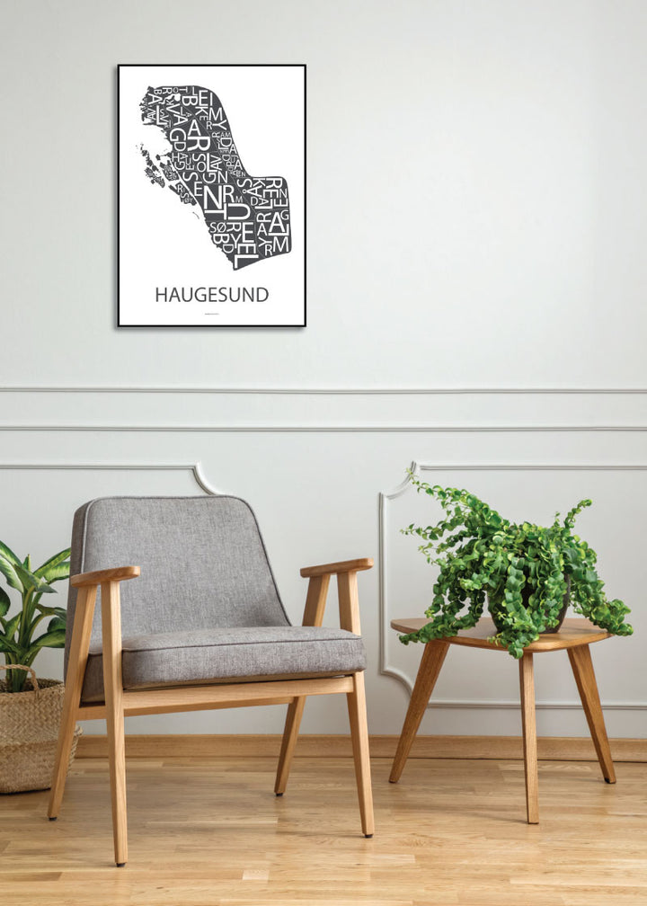 Plakat med håndtegnet kart av Haugesund