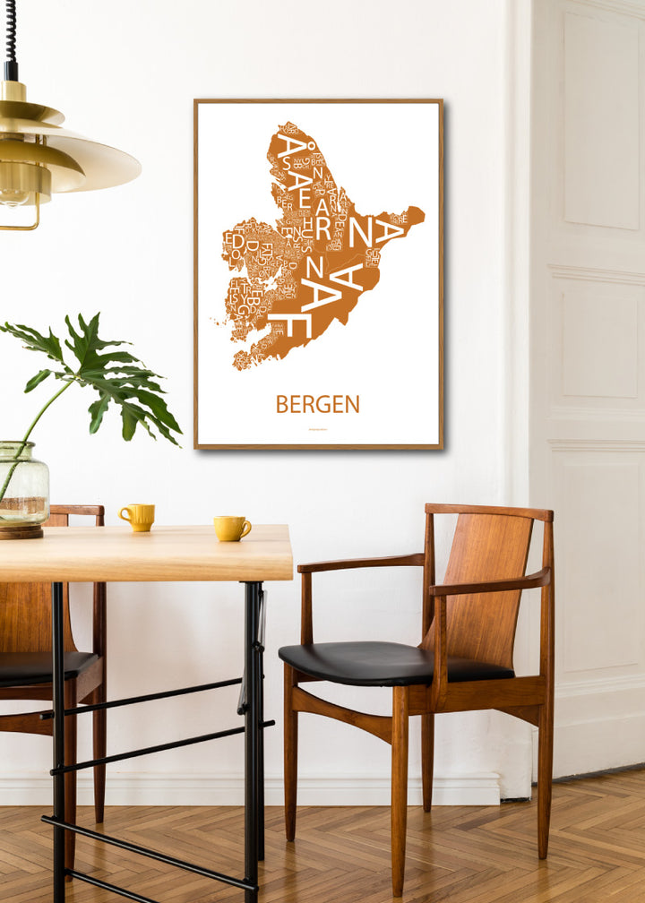 Plakat med håndtegnet kart av Bergen