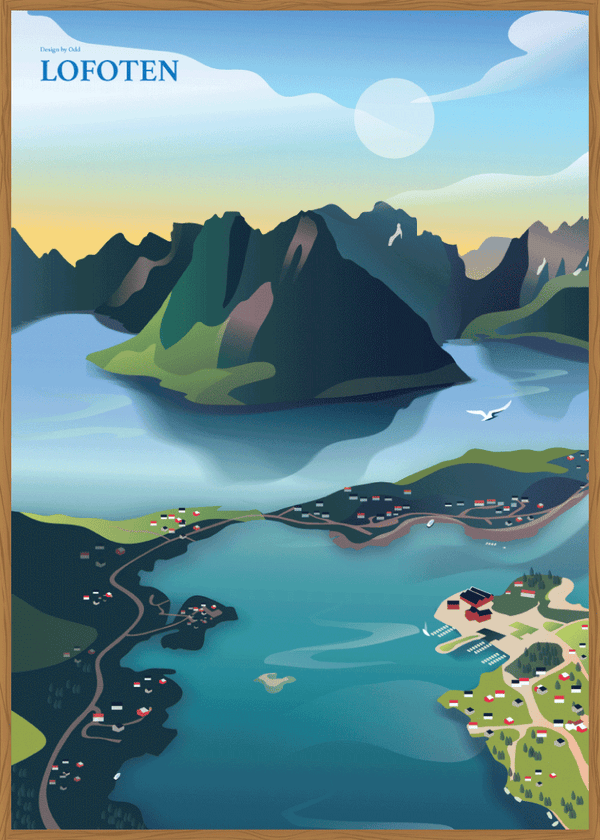 Plakat med flott håndtegnet illustrasjon av Lofoten