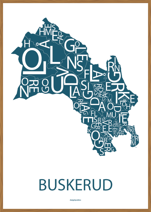 Plakat med håndtegnet kart av Buskerud