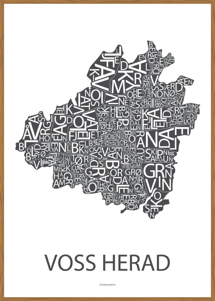Plakat med håndtegnet kart av Voss Herad