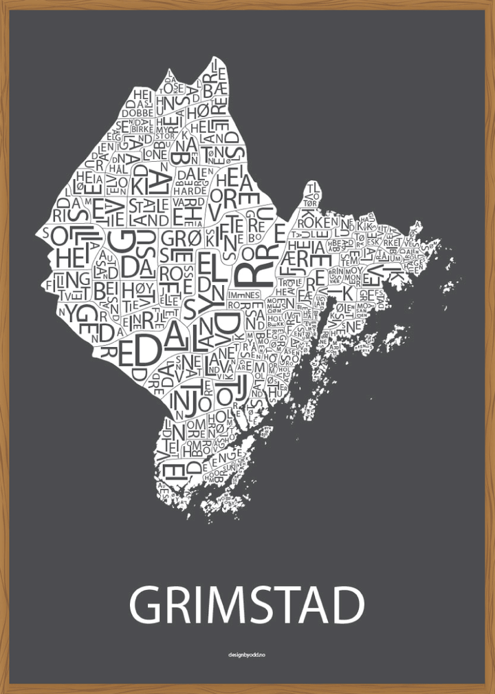 Plakat med håndtegnet kart av Grimstad
