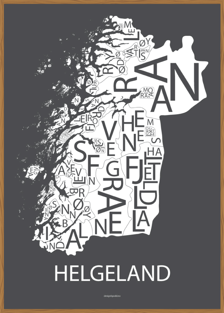 Plakat med håndtegnet kart av Helgeland