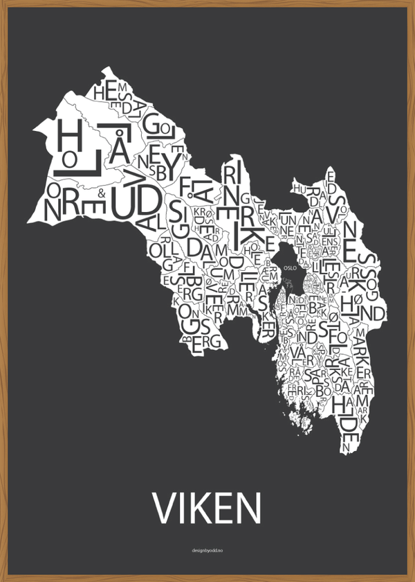Plakat med håndtegnet kart av Viken
