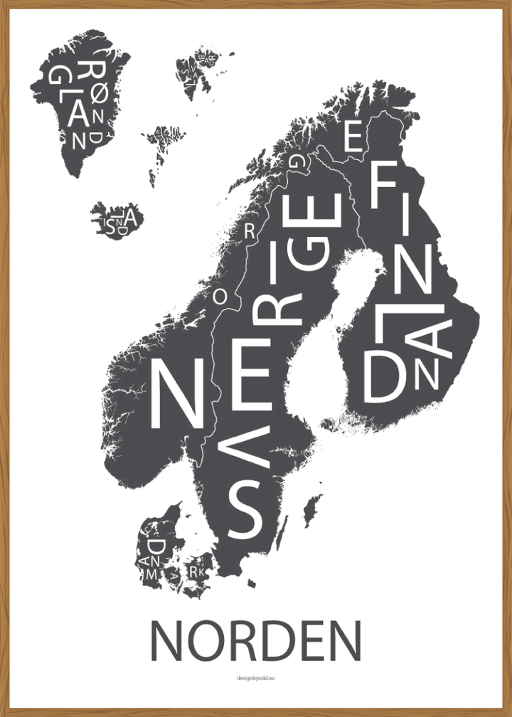 Plakat med håndtegnet kart av Norden