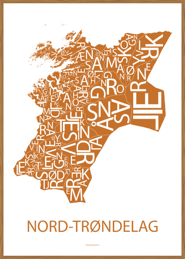Plakat med håndtegnet kart av Nord-Trøndelag