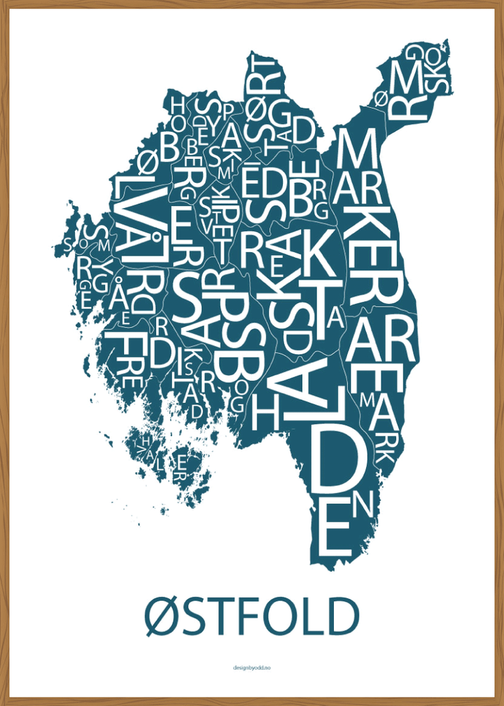 Plakat med håndtegnet kart av Østfold