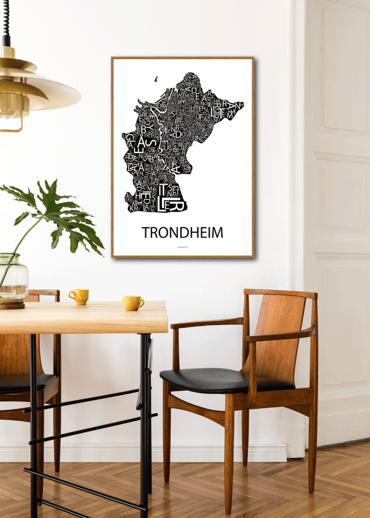 Plakat med håndtegnet kart av Trondheim
